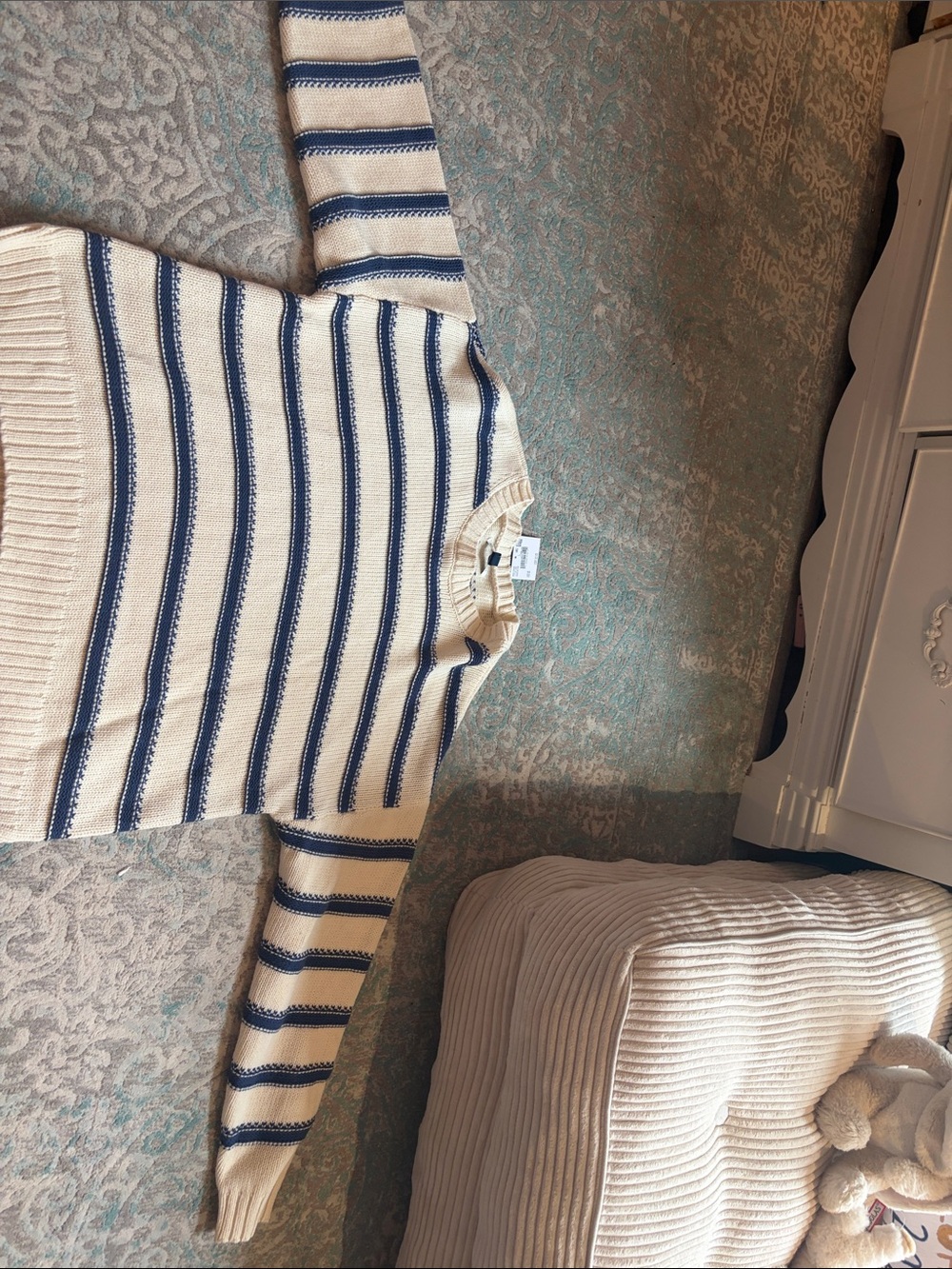 American Eagle Outfitters Cream and Navy Striped Crewneck Sweater